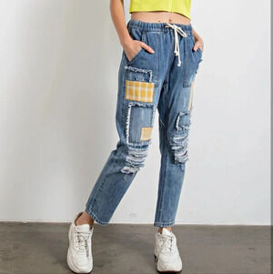 Easel Patchwork Distressed Washed Denim Pants New